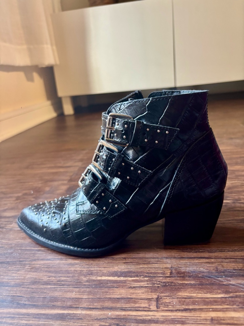 Aldo Black Studded Pointed Leather Ankle Boots with Triple Buckles - Picture 4 of 5